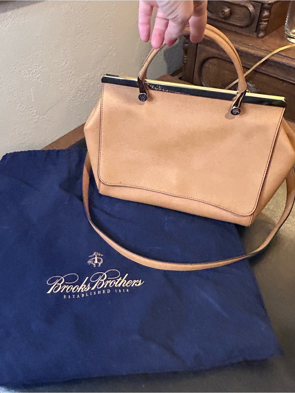 Brooks Brothers Tan Leather Structured Satchel with Top Handles